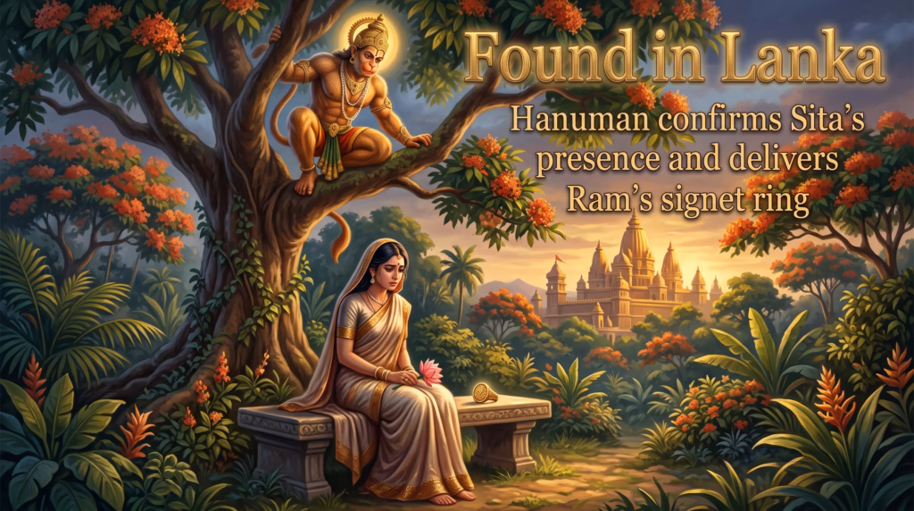 Mythological digital illustration showing the divine deity Hanuman mid-flight over a dramatic, golden-lit ocean toward the distant spires of Lanka. Gold overlay text reads: 'The Search for Sita: How Hanuman Crossed the Ocean and Found Her in Lanka.